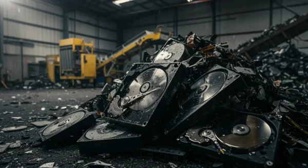 a pile of broken hard disks shredded and ready to be disposed in a warehouse